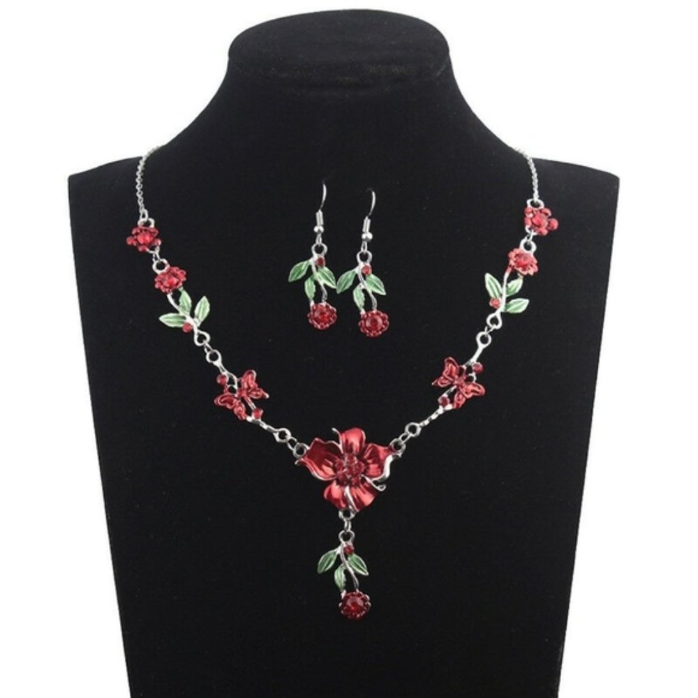 Rhinestone Flower Earrings & Necklace